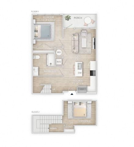 Floor plan for 1 bed, 1 bath, 908 sqft