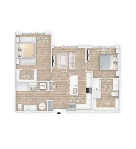 Floor plan for 2 beds, 2 baths, 1193 sqft