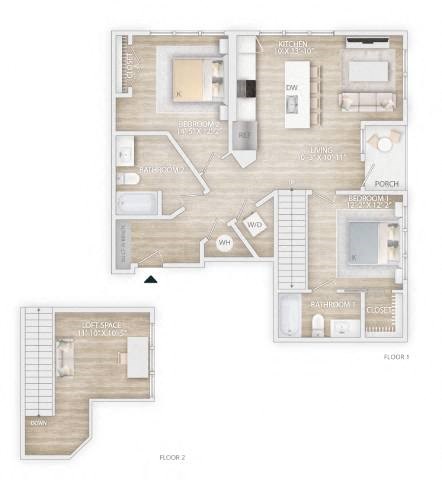 Floor plan for 2 beds, 2 baths, 1160 sqft