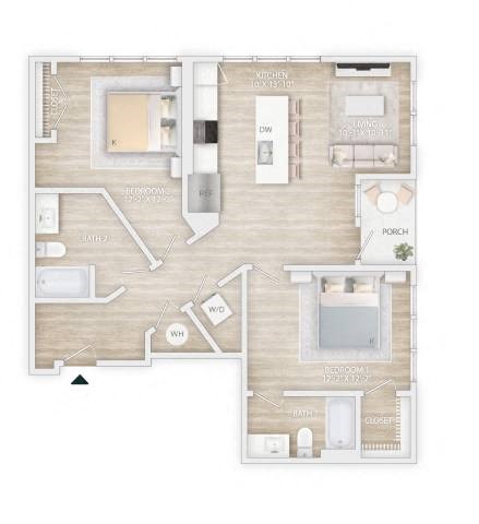Floor plan for 2 beds, 2 baths, 1196 sqft