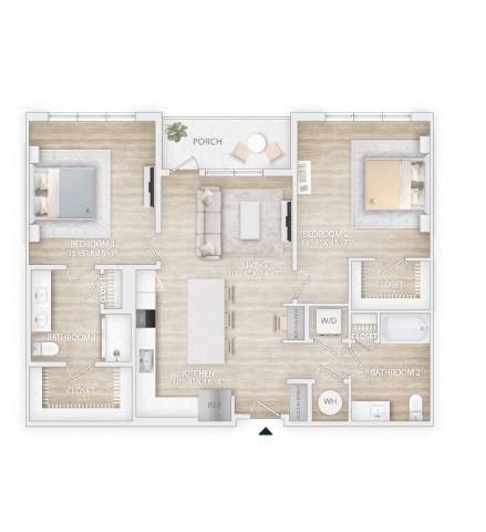 Floor plan for 2 beds, 2 baths, 1270 sqft