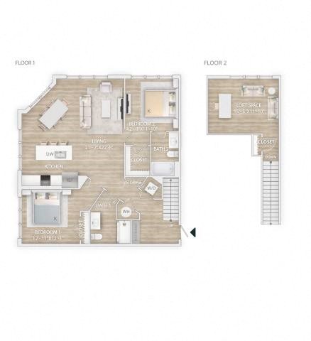 Floor plan for 2 beds, 2 baths, 1597 sqft