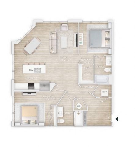 Floor plan for 2 beds, 2 baths, 1263 sqft