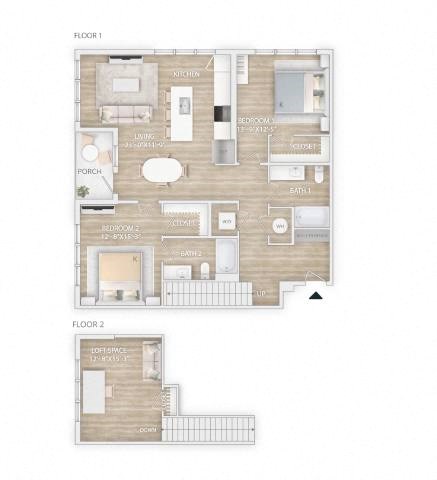 Floor plan for 2 beds, 2 baths, 1601 sqft