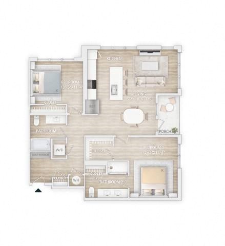 Floor plan for 2 beds, 2 baths, 1263 sqft