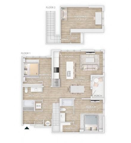 Floor plan for 2 beds, 2 baths, 1422 sqft