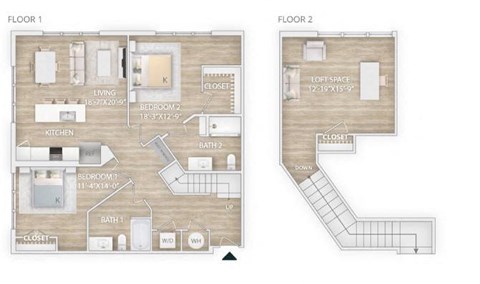 Floor plan for 2 beds, 2 baths, 1501 sqft