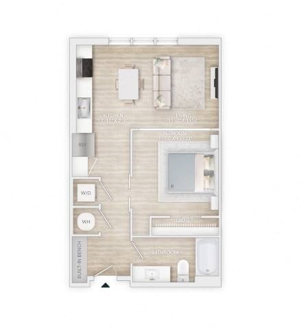Floor plan for studio, 1 bath, 629 sqft