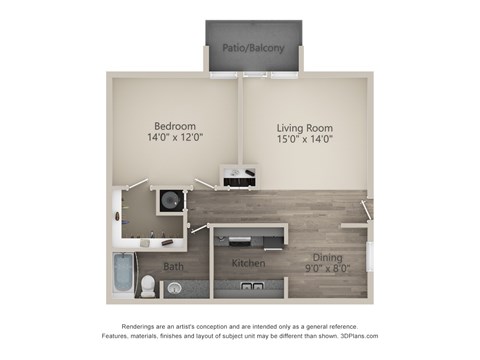Floor plan for 1 bed, 1 bath, 715 sqft