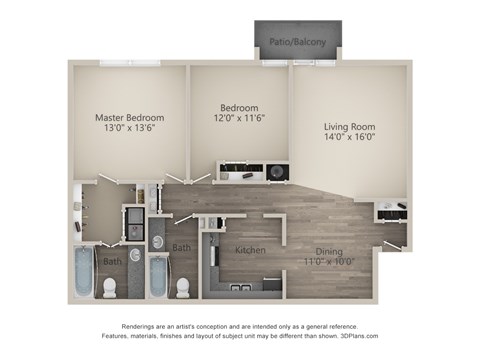 Floor plan for 2 beds, 1.5 baths, 1080 sqft