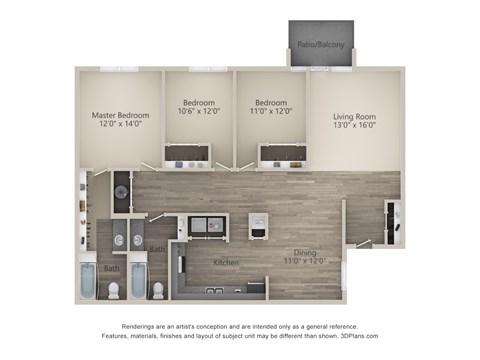 Floor plan for 3 beds, 2 baths, 1250 sqft