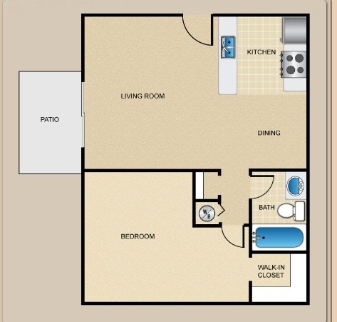Floor plan for 1 bed, 1 bath, 690 sqft