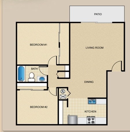 Floor plan for 2 beds, 1 bath, 912 sqft