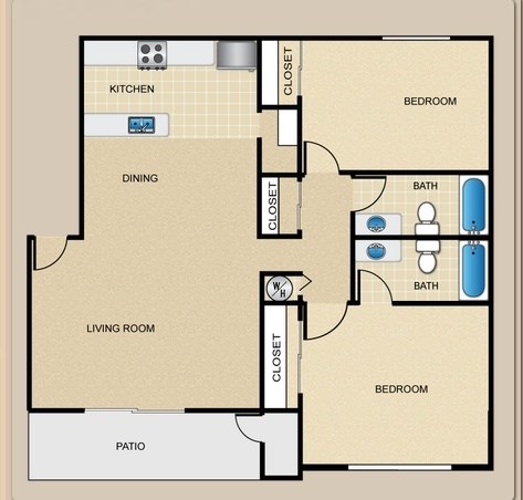 Floor plan for 2 beds, 2 baths, 967 sqft