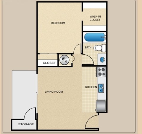 Floor plan for 1 bed, 1 bath, 533 sqft