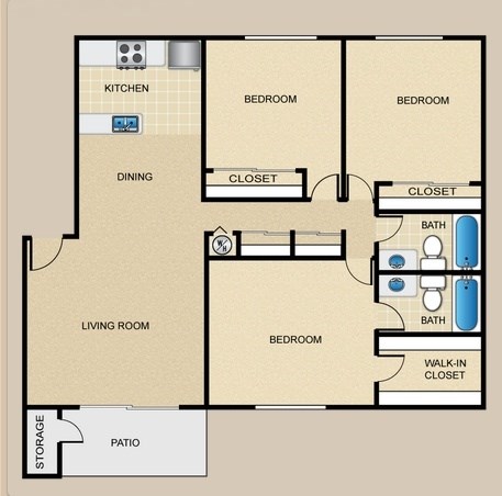 Floor plan for 3 beds, 2 baths, 1189 sqft