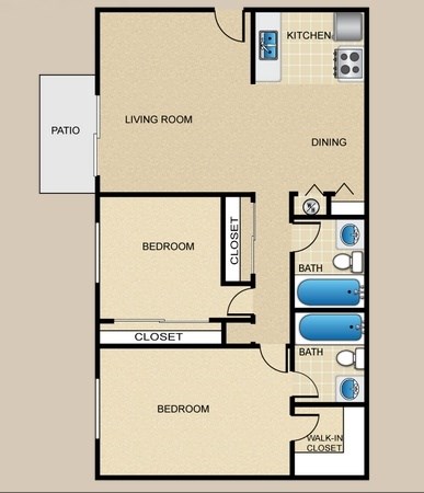 Floor plan for 2 beds, 2 baths, 924 sqft