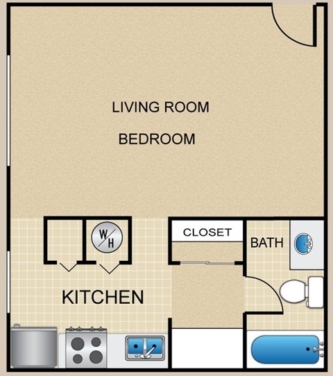 Floor plan for studio, 1 bath, 500 sqft