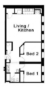 Floor plan for 2 beds, 1 bath, 1480 sqft