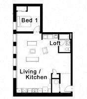 Floor plan for 1 bed, 1 bath, 910 sqft