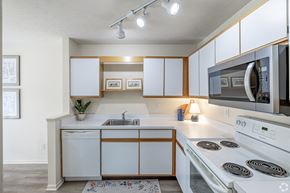 Jackson apartment for rent - A white kitchen with wooden accents and a white stove top oven.