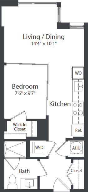 Floor plan for 1 bed, 1 bath, 499 sqft