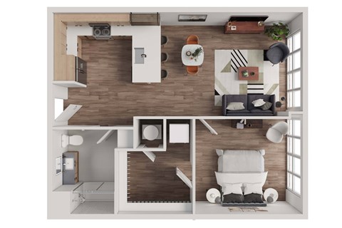Floor plan for 1 bed, 1 bath, 659 sqft