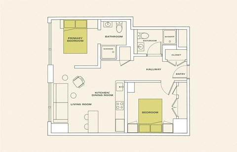 Floor plan for 2 beds, 2 baths, 743 sqft