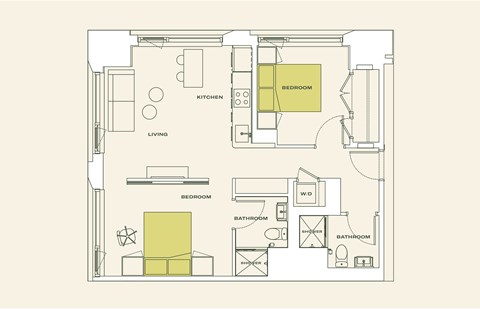 Floor plan for 2 beds, 2 baths, 778 sqft