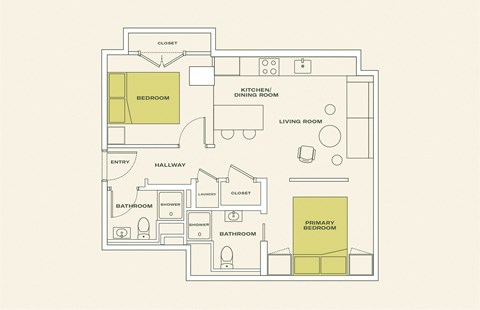 Floor plan for 2 beds, 2 baths, 756 sqft