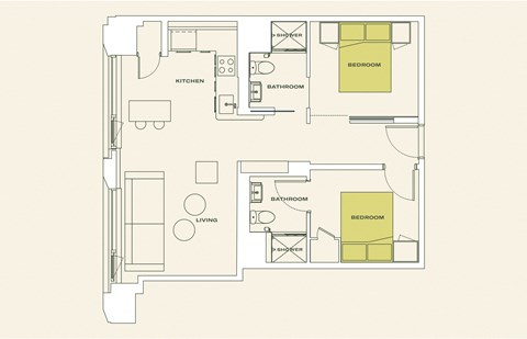 Floor plan for 2 beds, 2 baths, 757 sqft