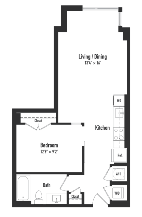 Floor plan for 1 bed, 1 bath, 676 sqft