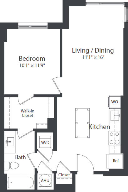 Floor plan for 1 bed, 1 bath, 681 sqft