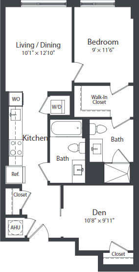 Floor plan for 2 beds, 1 bath, 785 sqft