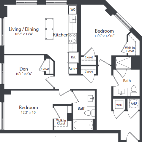 Floor plan for 3 beds, 2 baths, 1138 sqft