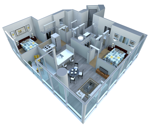 Floor plan for 2 beds, 2 baths, 1020 sqft