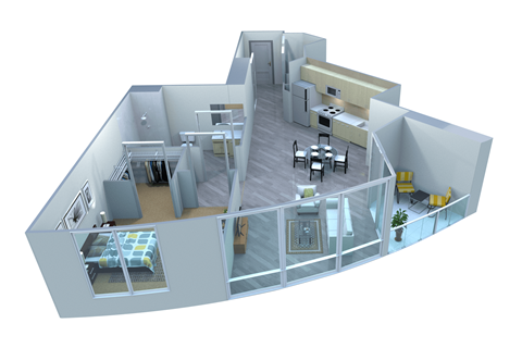 Floor plan for 1 bed, 1 bath, 714 sqft