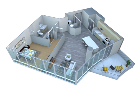 Floor plan for 1 bed, 1 bath, 732 sqft