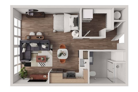 Floor plan for studio, 1 bath, 593 sqft