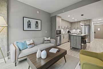 Washington apartment for rent - A modern living room with a grey sofa and a coffee table.