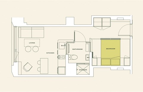 Floor plan for 1 bed, 1 bath, 424 sqft