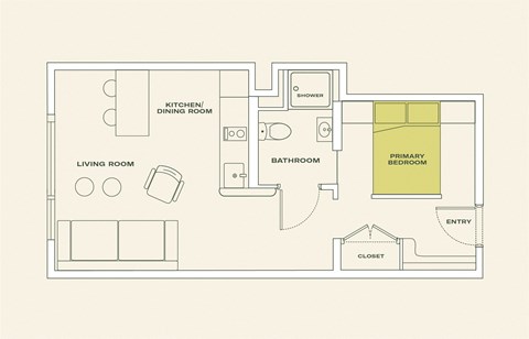 Floor plan for 1 bed, 1 bath, 467 sqft