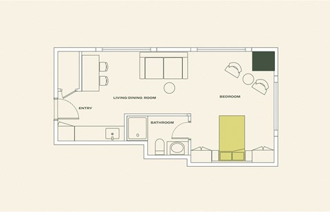 Floor plan for 1 bed, 1 bath, 458 sqft