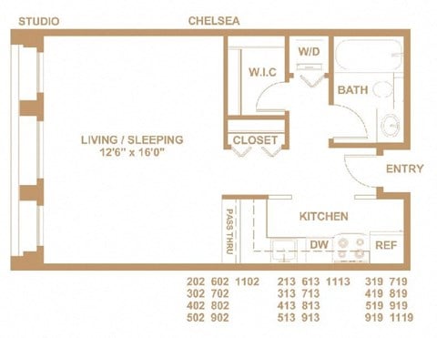 Floor plan for studio, 1 bath, 765 sqft