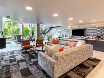 Seattle apartment for rent - A living room with a grey couch and a black and white rug.