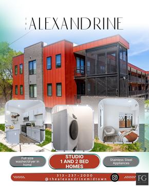 Detroit apartment for rent - A poster advertising the Alexandrine studio and 1 and 2 bed homes with images of the interiors and exteriors.