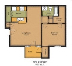 Floor plan for 1 bed, 1 bath, 750 sqft
