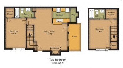 Floor plan for 2 beds, 2 baths, 1064 sqft