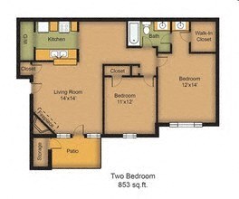 Floor plan for 2 beds, 1 bath, 853 sqft