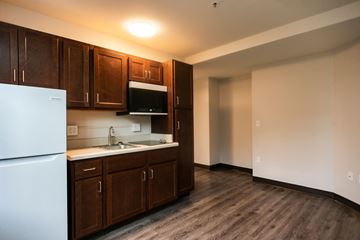 Grand Rapids apartment for rent - a kitchen with a sink and refrigerator and wooden cabinets